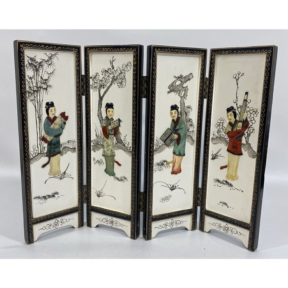 Vtg Asian Handpainted 4 Panel Tabletop Screen Three Dimensional Carved Women 14”